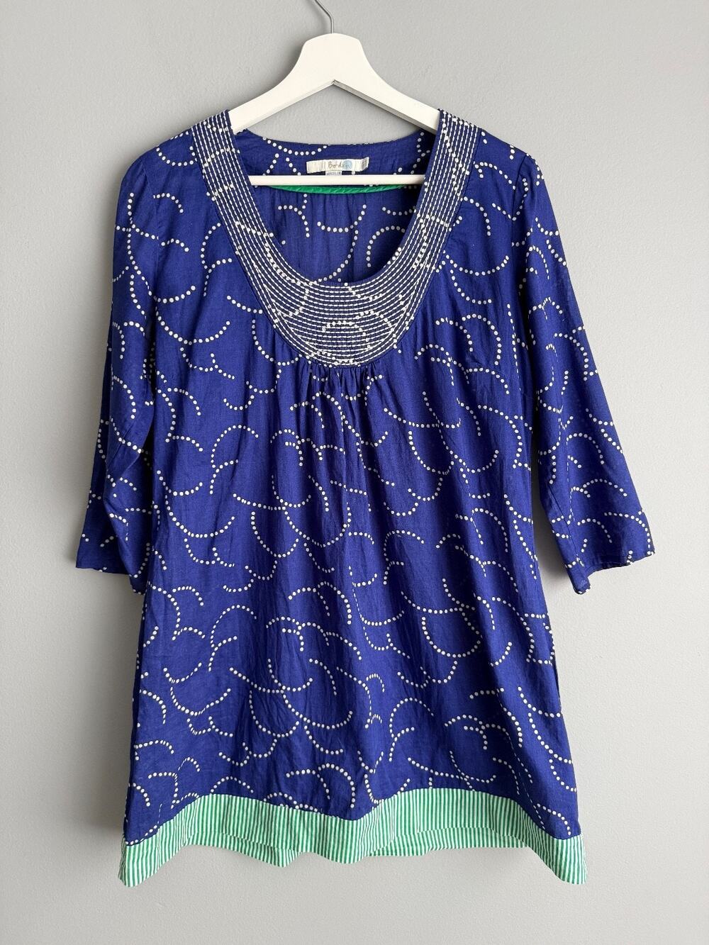 Boden Women's US 4 Navy Dot Print Tunic Top Green Stripe Hem Boho Preppy